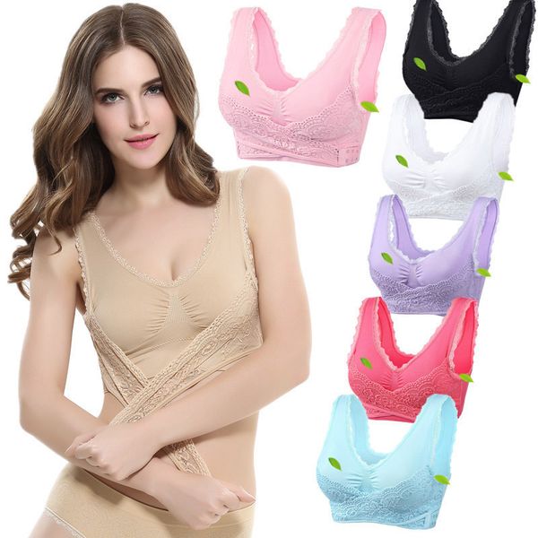 

womens seamless sports bras lace cross side buckle wireless yoga running vest shockproof fitness underwear sleep bra, White;black