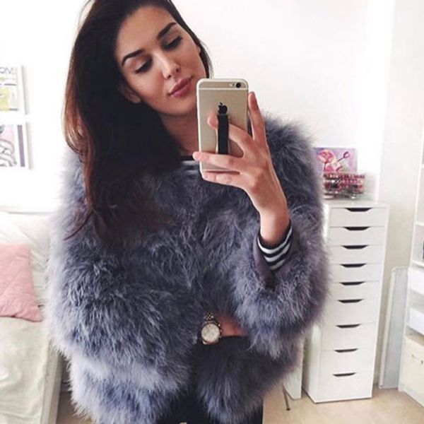 

100% hand-made fluffy feather fever fur jackets knitted genuine ostrich fur coat women retail wholesale grey fluffy fever, Black