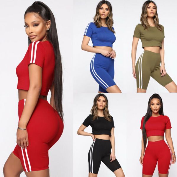 

women's 2 pcs shorts set casual crop pants t-shirts set striping tracksuit sport women ladies sport casual vacation new, White