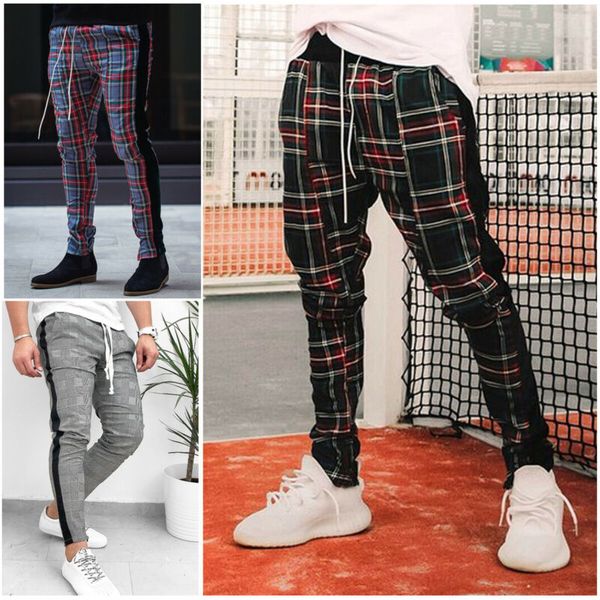 

gym mens trousers plaid tracksuit bottoms skinny joggers sweat track pants running sports pants, Black;blue