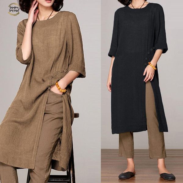 

2019 s-5xl summer women blouses vintage linen half sleeve loose split long shirts casual solid party blusas feminino, White