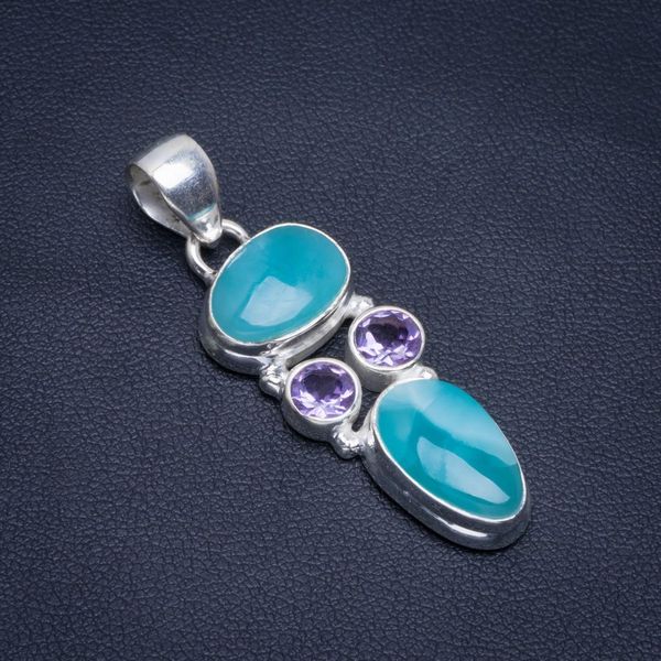 

natural caribbean larimar and amethyst handmade unique 925 sterling silver pendant 1.75" b3091