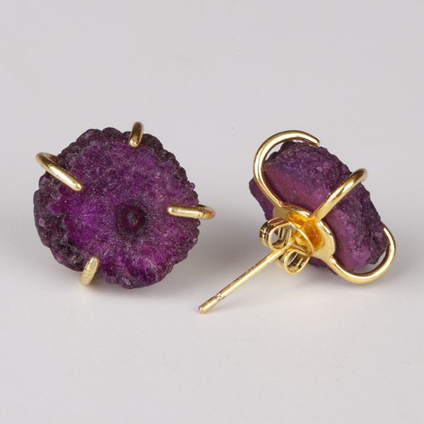 

prong setting thick violet lilac purple natural geode druzy drusy stone slice stone bead charm gold stud earring for women, Golden;silver