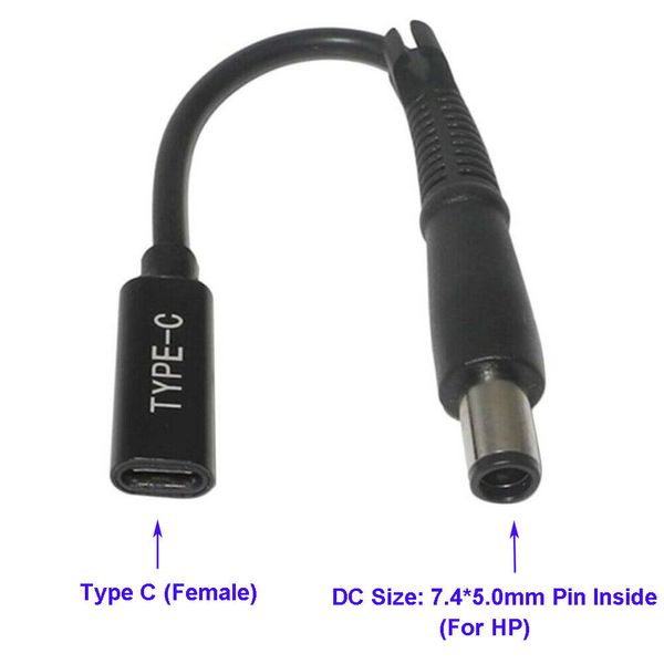 Кабель-переходник PD с разъемом USB-C на разъем постоянного тока 7,4x5,0 мм для ноутбуков HP мощностью 65 Вт или портативных компьютеров