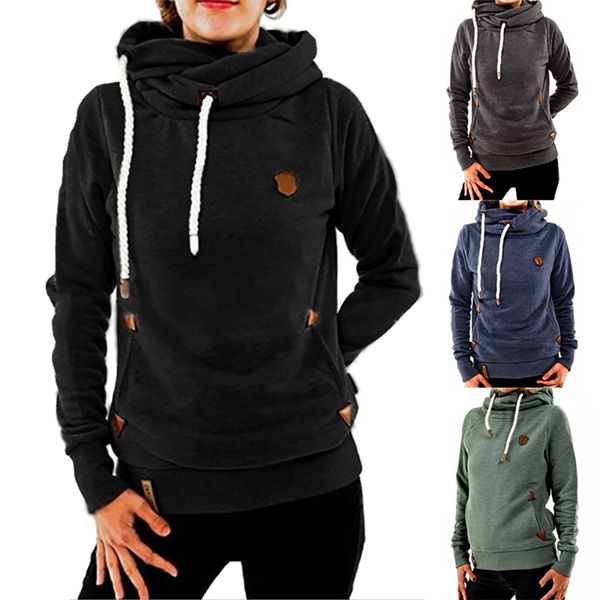 

hoodies women cotton solid color long sleeve pocket thick keep warm fashion pullovers ladies coat outwear, Black