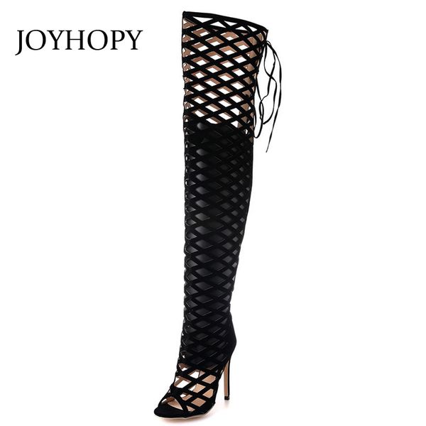 

joyhopy summer hollow out sandals boots women over the knee boots high heels nubuck leather thigh high shoes women wb1392, Black