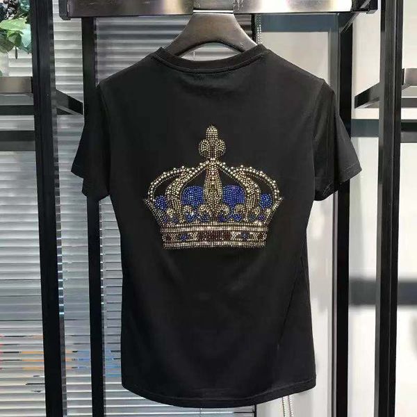 

men's t-shirts 2020 summer new europe and america fashion crystal letter & crown shirts men slim breather shirt 2 colors size m-4xl, White;black