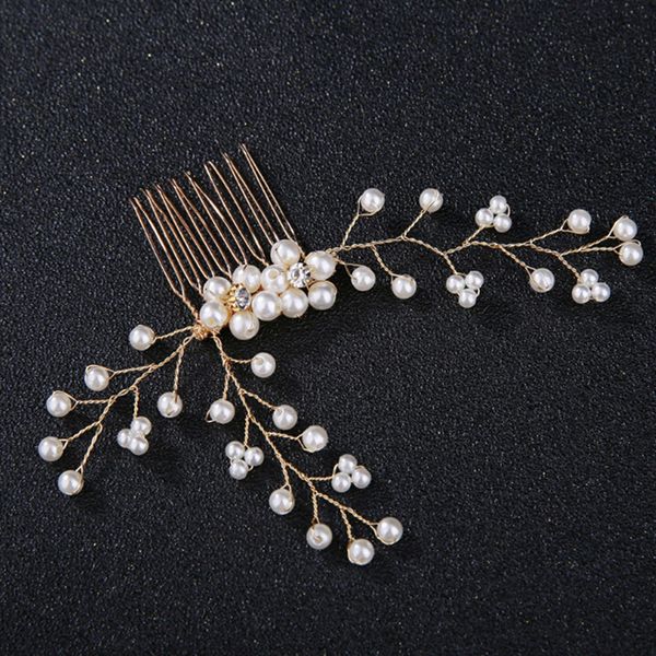 

1 pc pearl leaf hair comb luxurious bride handmade wedding hair jewelry party bridal starry crystal pearl tiara accessories, Golden;white