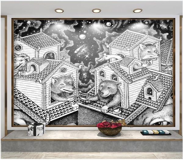 

modern home decor hand drawn sketch drawing abstract house wall paper animal bear wolves for children's room background mural wallpaper