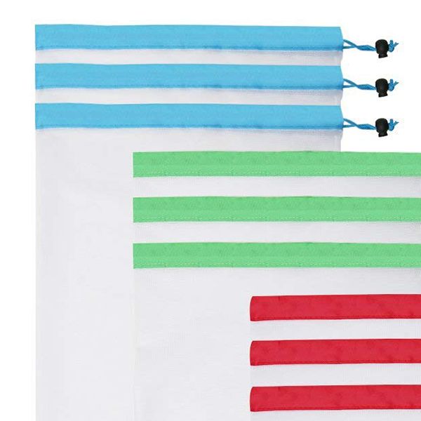 

produce bags, 9pcs reusable mesh produce bags for grocery shopping, storage, fruit and vegetables (red blue green
