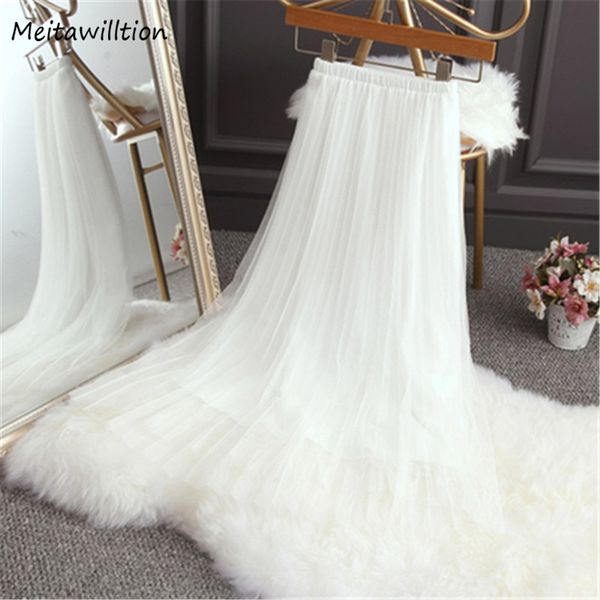 

new korean skirts womens 2019 tulle skirt fashion wild big swing mesh skirt high waist pleated saias plus size bottom, Black