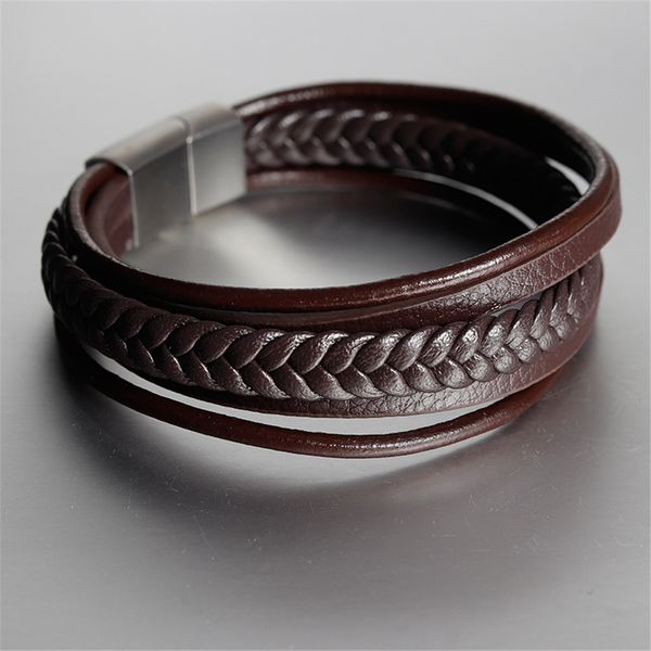 

vintage genuine leather braided bracelet handmade multilayer open cuff bangles stainless steel buckle wrist bracelet for men, Black