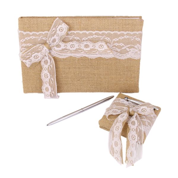 

vintage rustic wedding burlap hessian lace bowknot guest book pen set