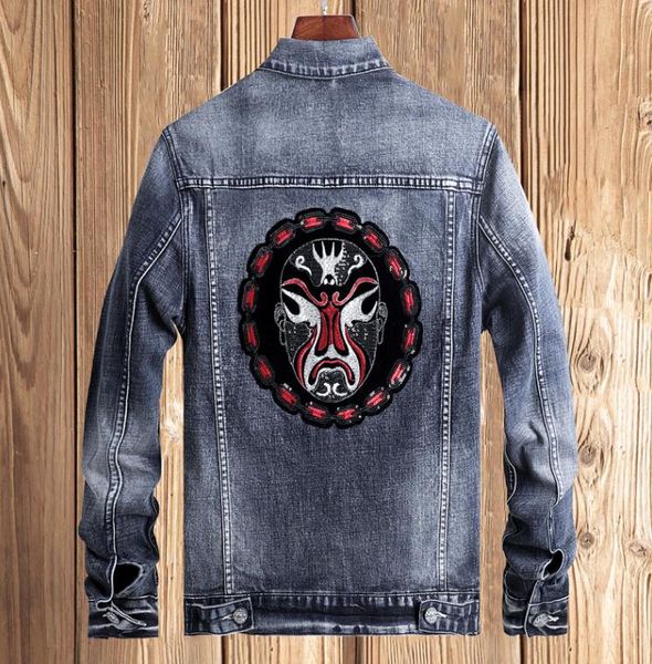 

chinese style jeans jacket mens peking opera mask patch design denim jacket blue slim casual sequins embroidery coat, Black;brown