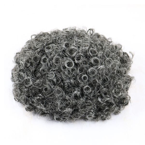 

1b40 grey hair full skin men toupee 15mm curly human hair toupee replacement system curly toupee for men, Black