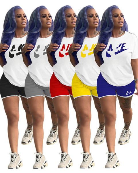 

women designer brand plus size print t-shirt shorts sports suit 2 piece sets summer casual clothing s-3xl short sleeve capris shirts 3168, White