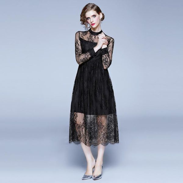 

ladies elegant party dresses new arrival 2020 spring fashion stand collar a-line luxury women black lace long dress x022, Black;gray