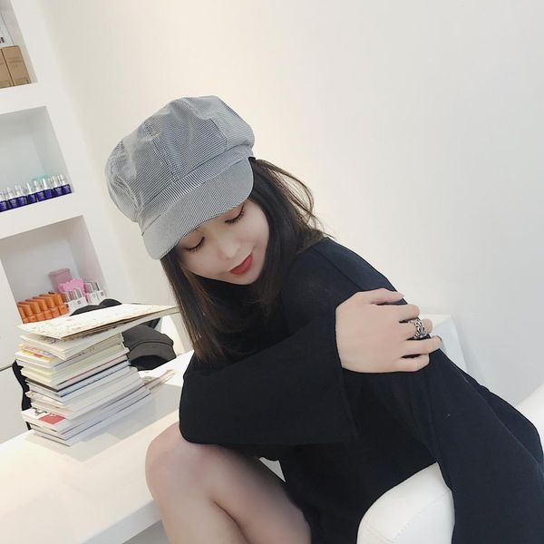 

2019 new women spring summer sun hat plaid newsboy beret caps plain ladies vintage octagonal painter artist cap, Blue;gray