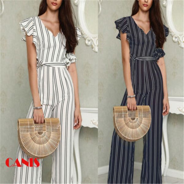 

fashion new 2018 fashion striped jumpsuits high waist v neck wide leg pants female spring summer women sashes jumpsuits, Black;white