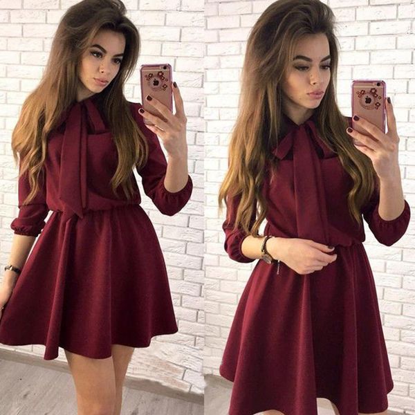 

women dress fall fashion solid vintage elegant mini dress autumn bow causal christmas party dresses plus size, Black;gray