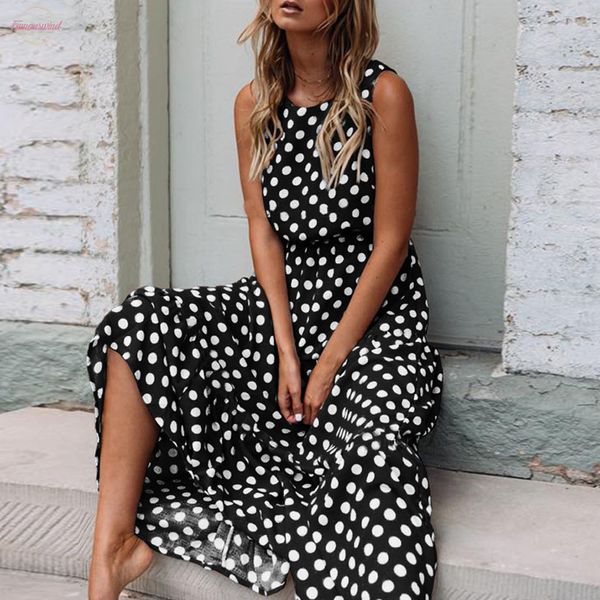 

dress women summer 2020 fashion boho style dot printing sleeveless o neck long dress female party maxi dress vestidos, Black;gray