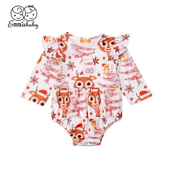 

Baby Xmas Long Ruffles Sleeve Bodysuit Clothes Newborn Babies Girls Cartoon Deer Printed One Piece Jumpsuit Outfit Sunsuit 0-18M