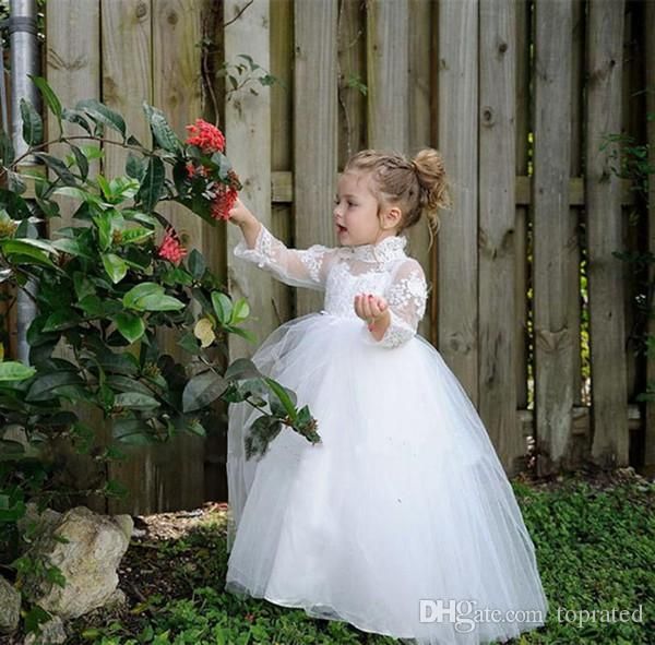 

lace white ivory lovely princess flower girl dresses high neck high neck illusion 3/4 long sleeve tulle tiered skirts birthday gowns, White;blue