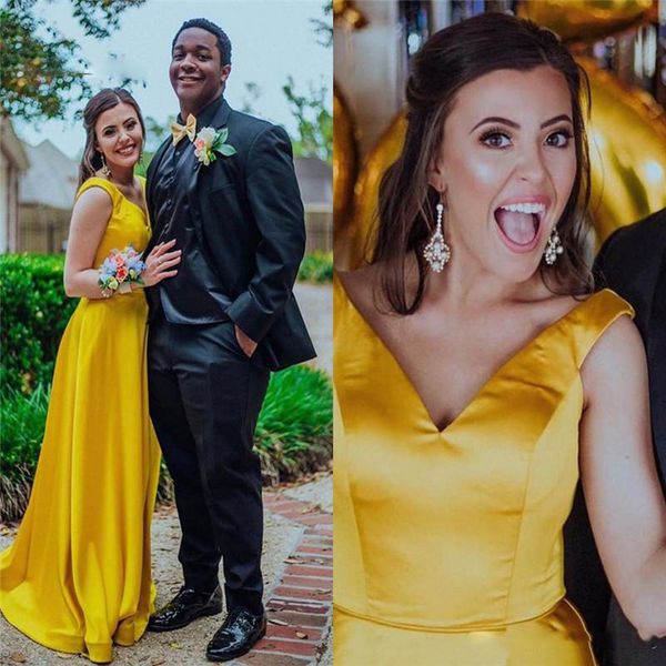 

2019 eyesight yellow v-neck a-line evening dress sleeveless floor length custom made prom party dresses, Black;red