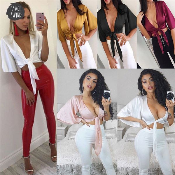 

blouse womens fashion silk tie knot front flared sleeve satin low cup plunge neck solid color crop clubwear, White