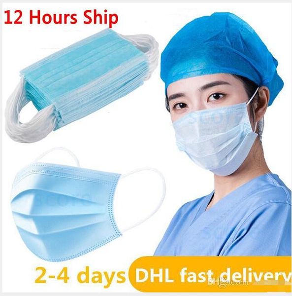 

50pcs disposable face masks 3-layers non-woven mouth non woven anti-dust anti-bacterial earloops breathing safety masks ship dhl 2-days