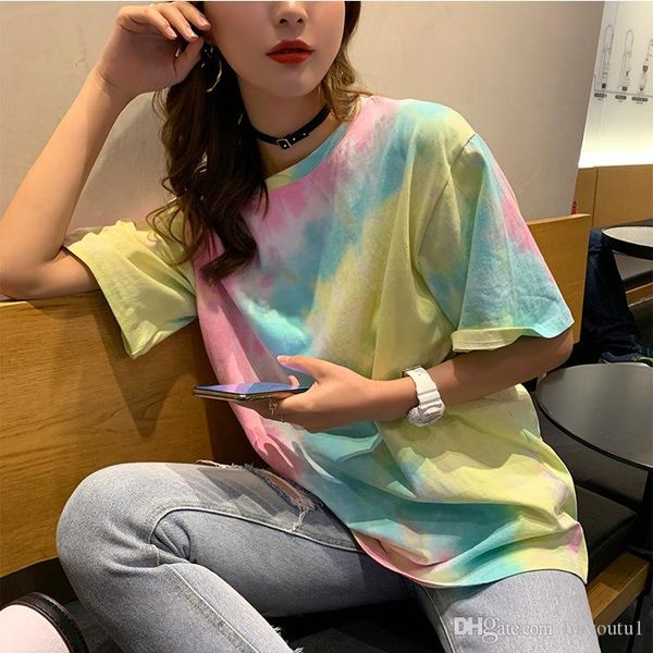 

tie dye gradient large size loose oversize fashion harajuku female print hip hop short sleeve casual couple t-shirt, White