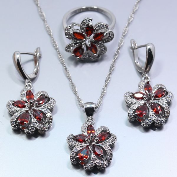 

manny new arrival women flower wedding red garnet 925 silver jewelry sets earring chain necklace pendant ring gift box t282, Slivery;golden