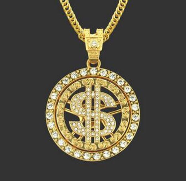 18 Karat vergoldete Hip-Hop-Herren-Halskette mit Dollar-Anhänger und Diamanten