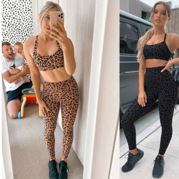 

womens yoga suit new yoga clothing tight running fitness sports leopard print set ladies fitness clothing two piece tracksuit sale, Gray
