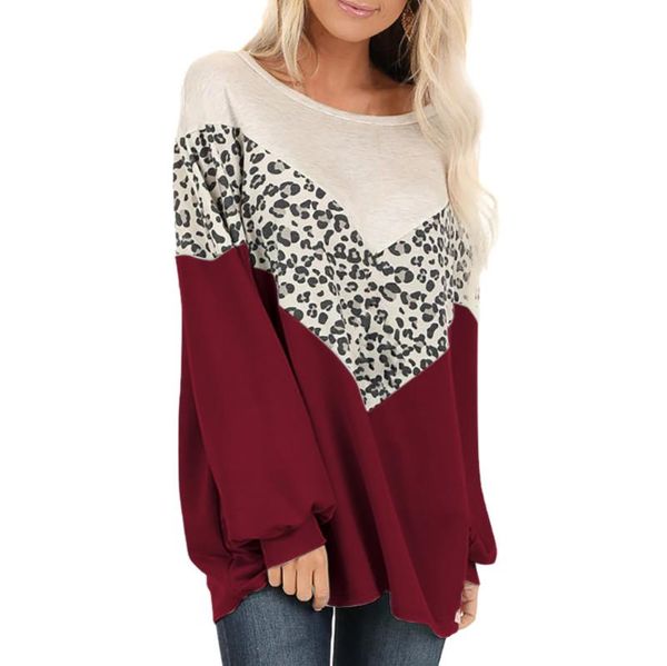 

blouse autumn women long sleeve leopard print spelling color o neck patchwork shirts casual tees winter plus size female, White