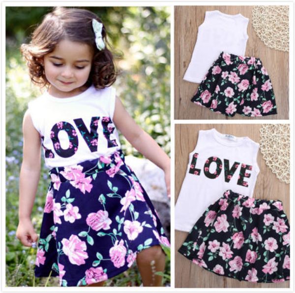 

kids baby girls toddler shirt tank + skirt dress 2pcs set outfits clothes, White