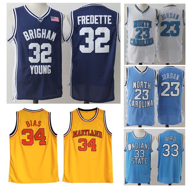 

men ncaa brigham young cougars 32 jimmer fredette maryland terps 34 len bias isu indiana state jerseys bird, Black;red