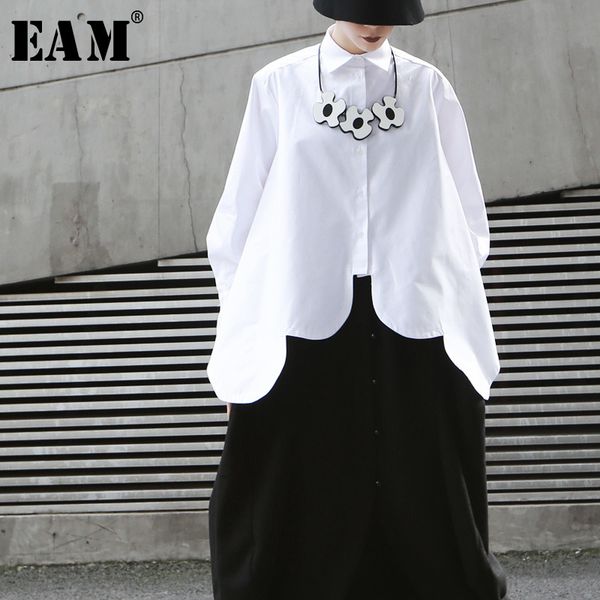 

eam]2019 new autumn winter lapel long sleeve white irregular hem cut stitch irregular big size shirt women blouse fashion jo195