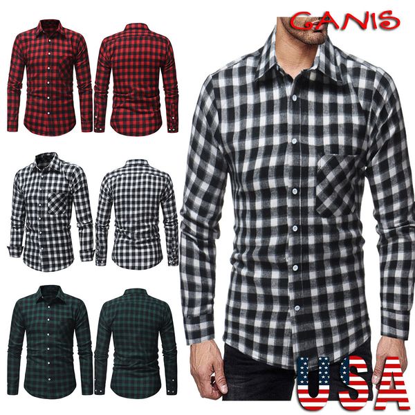 

новейшая мужская мода клетчатая рубашка с длинным рукавом повседневная рубашка slim fit топы, White;black