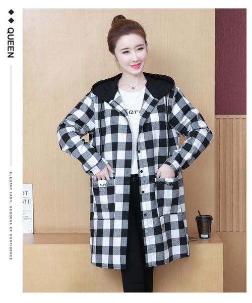 

p ammy xl~5xl plus size hooded long sleeve mid-long plaid blouse dress women's spring checkered pockets loose long tunic shirt, White