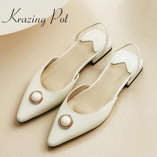

krazing pot saling new solid genuine leather pointed toe summer shallow mules pearl metal decorations low heels pumps l50, Black