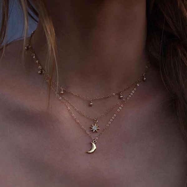 

hosewye women choker necklaces punk gold color star moon mulatilayer chains necklacs & pendants for female fashion jewelry, Silver