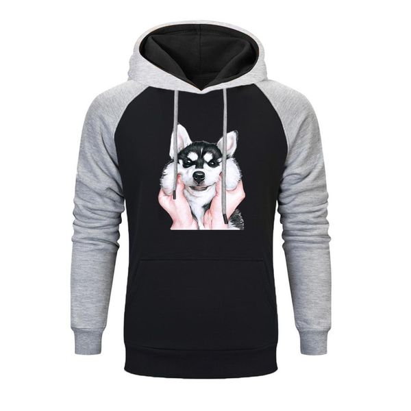 

funny men's cute pug design dog siberian husky print raglan hoodie men autumn hip hop sportswear winter harajuku streetwear, Black