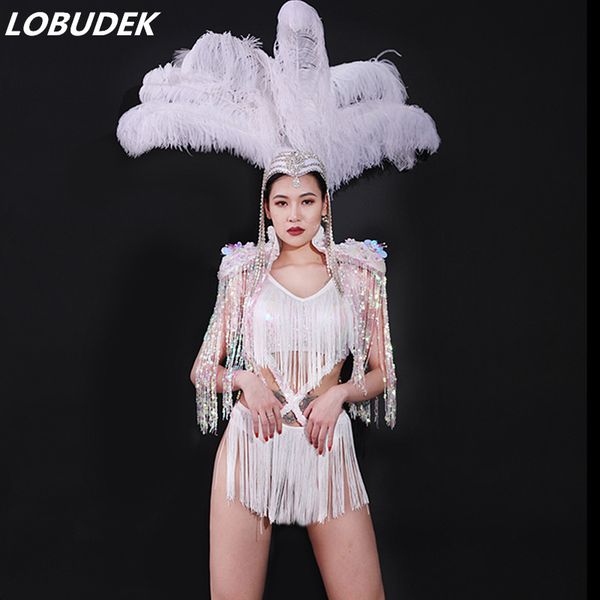 

women singer dancer stage dj ds costume pink sequins tassels bikini bodysuit bar party hollowed performance dance wear, Black;red