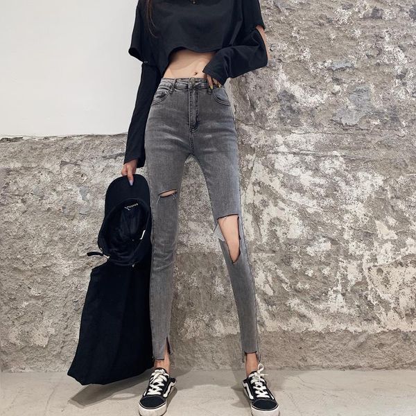 

new chic fashion hole skinny jeans woman high waist black gray solid elastic denim pencil pants woman casual vintage jean ladies, Blue
