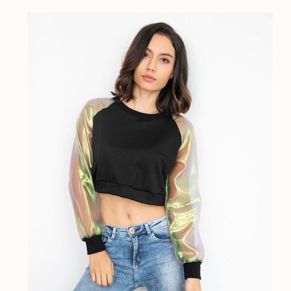 

fashion women long sleeve pullover short hoodies female o neck crop patchwork shiny girls vogur sweatshirt new hoody, Black