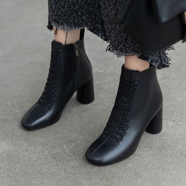 

new autumn and winter high-heeled woman martin ankle booties square toes genuine leather lace-up thick heels boots 3 colors, Black