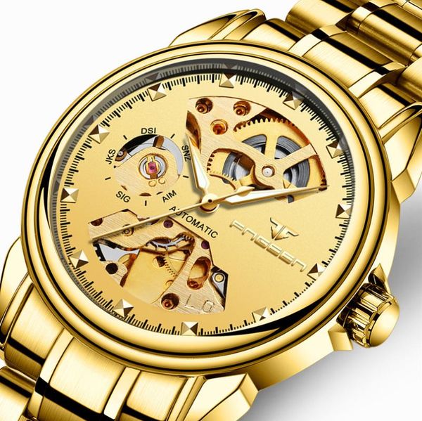 

wristwatches brand fngeen automatic golden luminous mechanical watch fashion business calendar waterproof men relogio hqgma, Slivery;brown
