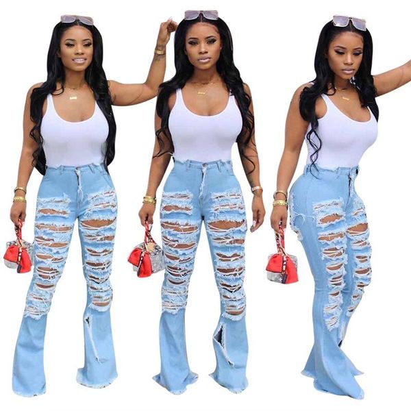 

fashionable holes ripped women jeans 2020 new arrivals washed denim trousers high waist straight pants lady casual jeans, Blue