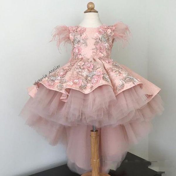 

2019 dusty pink high low flower girls' dresses with 3d floral appliqued satin tulle custom made little girl communion party dress, White;blue